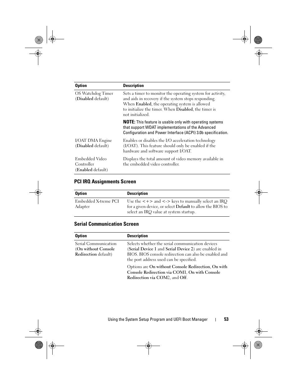 Pci irq assignments screen, Serial communication screen | Dell DX6012S User Manual | Page 49 / 152