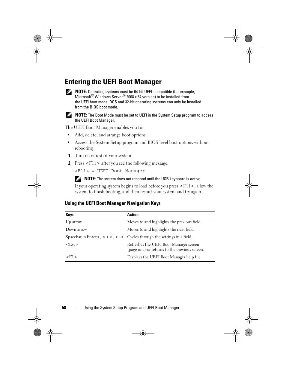 Entering the uefi boot manager, Using the uefi boot manager navigation keys | Dell DX6012S User Manual | Page 54 / 152