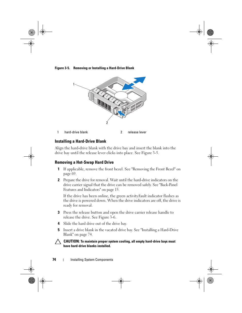 Installing a hard-drive blank, Removing a hot-swap hard drive, Figure 3-5 | Dell DX6012S User Manual | Page 70 / 152