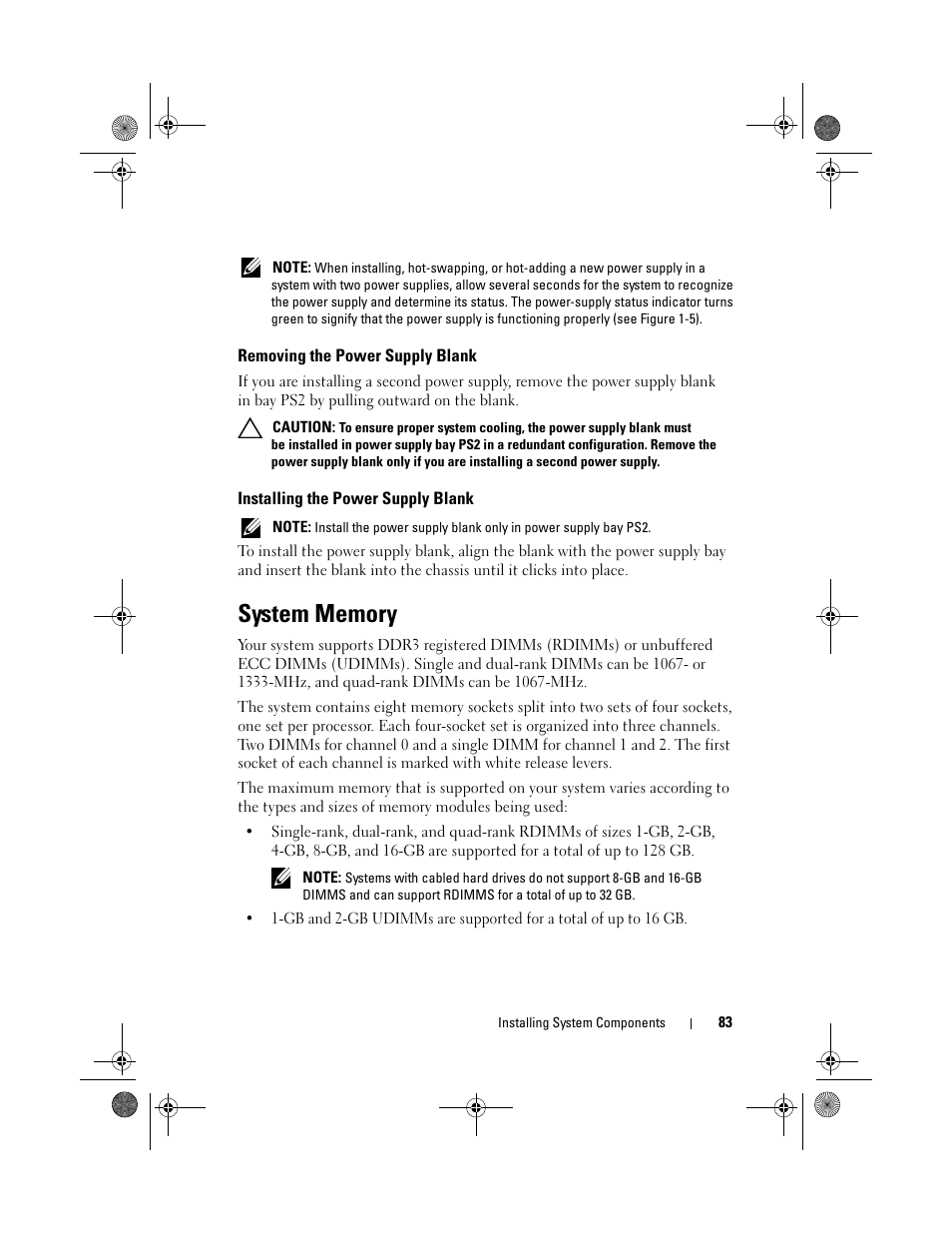 Removing the power supply blank, Installing the power supply blank, System memory | Dell DX6012S User Manual | Page 79 / 152