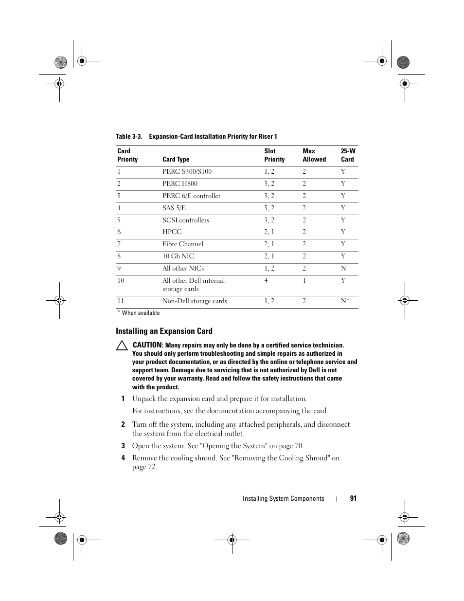 Installing an expansion card, Table 3-3 provides a guide for installin | Dell DX6012S User Manual | Page 87 / 152