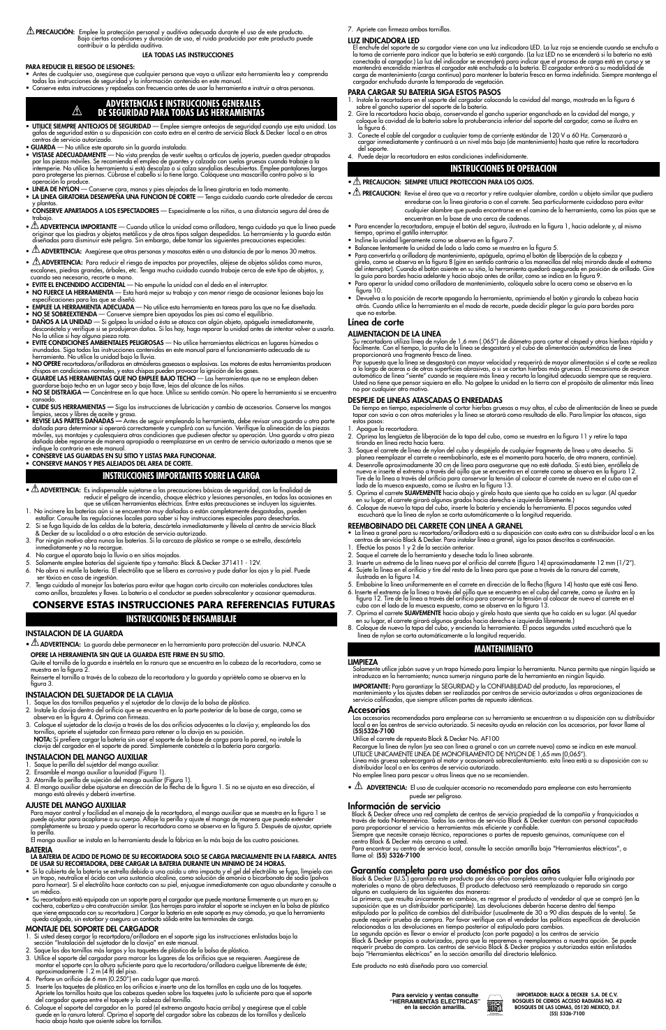 Instrucciones importantes sobre la carga, Instrucciones de operacion, Línea de corte | Mantenimiento, Accesorios, Información de servicio, Garantía completa para uso doméstico por dos años | Black & Decker CST1000 User Manual | Page 4 / 4