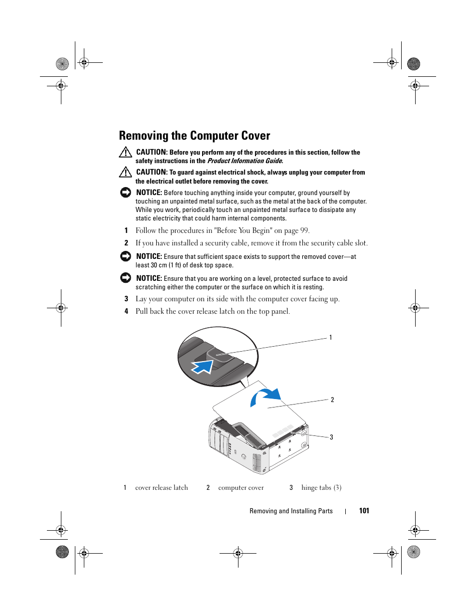 Removing the computer cover | Dell XPS 420 (Late 2007) User Manual | Page 101 / 226