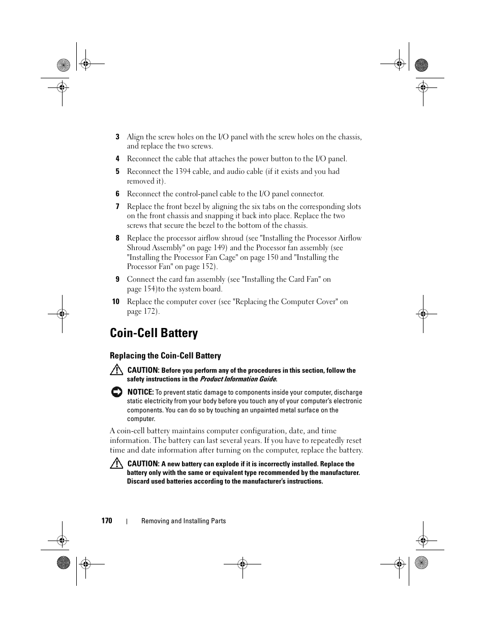 Coin-cell battery | Dell XPS 420 (Late 2007) User Manual | Page 170 / 226