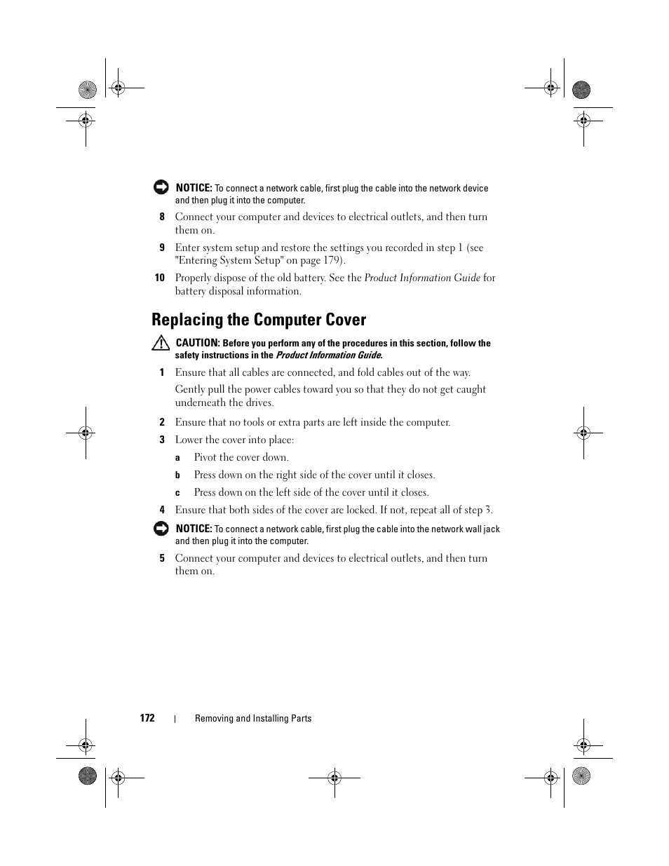 Replacing the computer cover | Dell XPS 420 (Late 2007) User Manual | Page 172 / 226