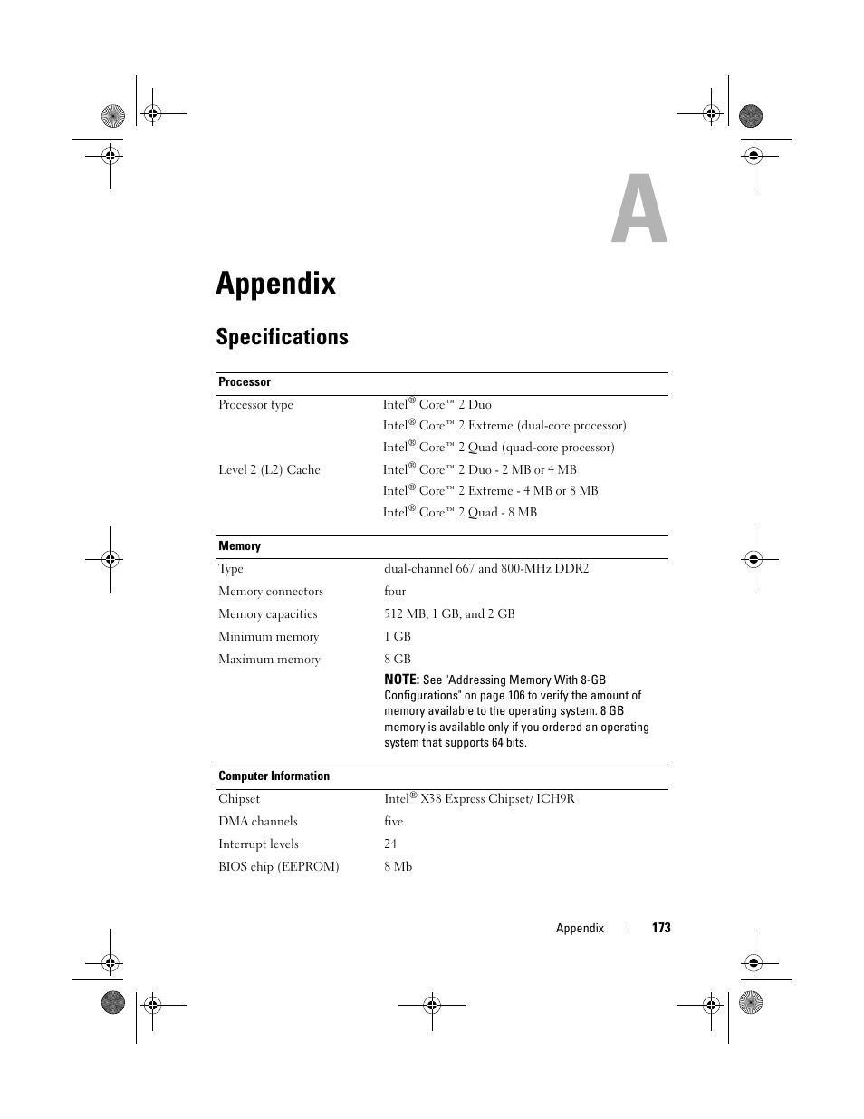 Appendix, Specifications | Dell XPS 420 (Late 2007) User Manual | Page 173 / 226