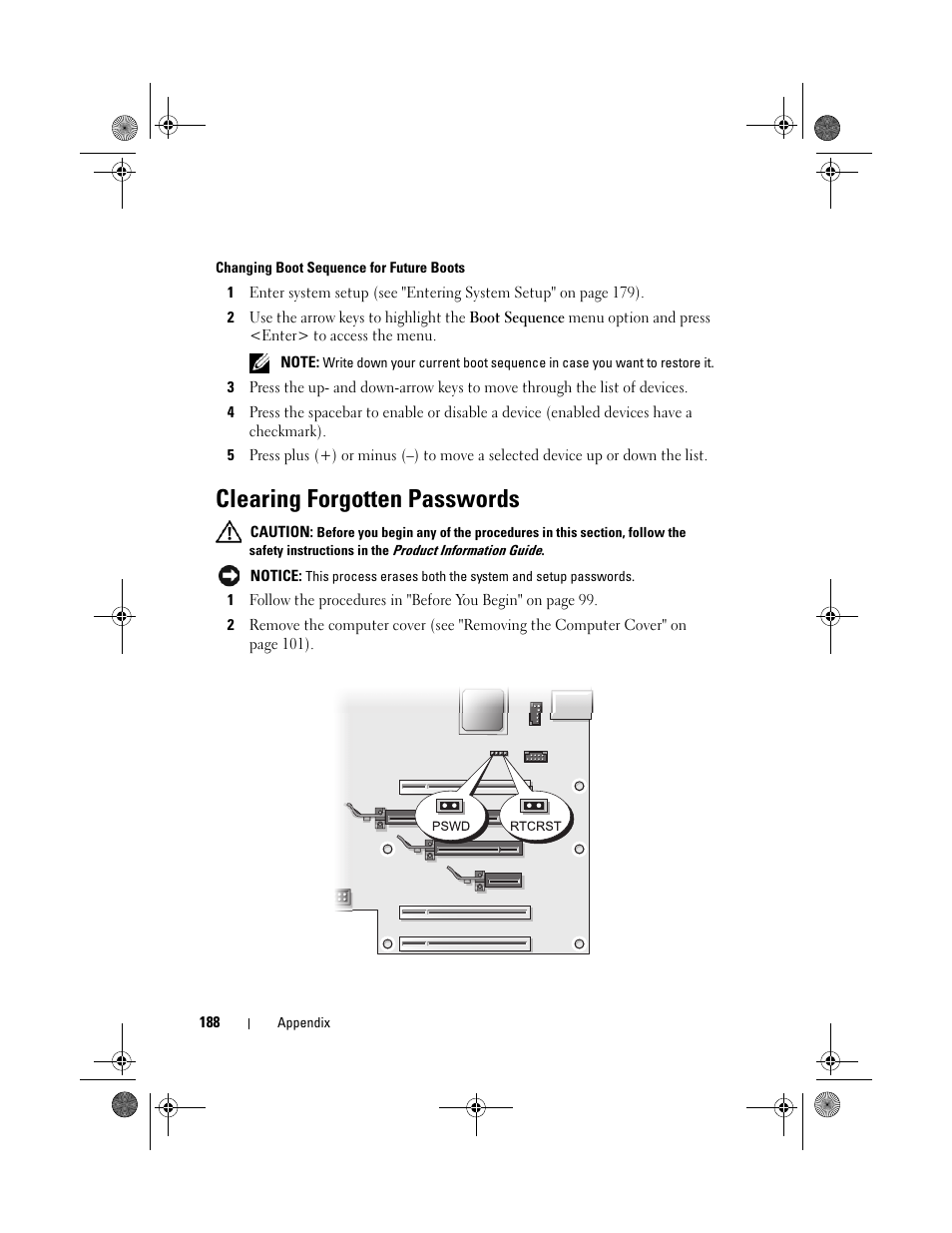 Clearing forgotten passwords | Dell XPS 420 (Late 2007) User Manual | Page 188 / 226