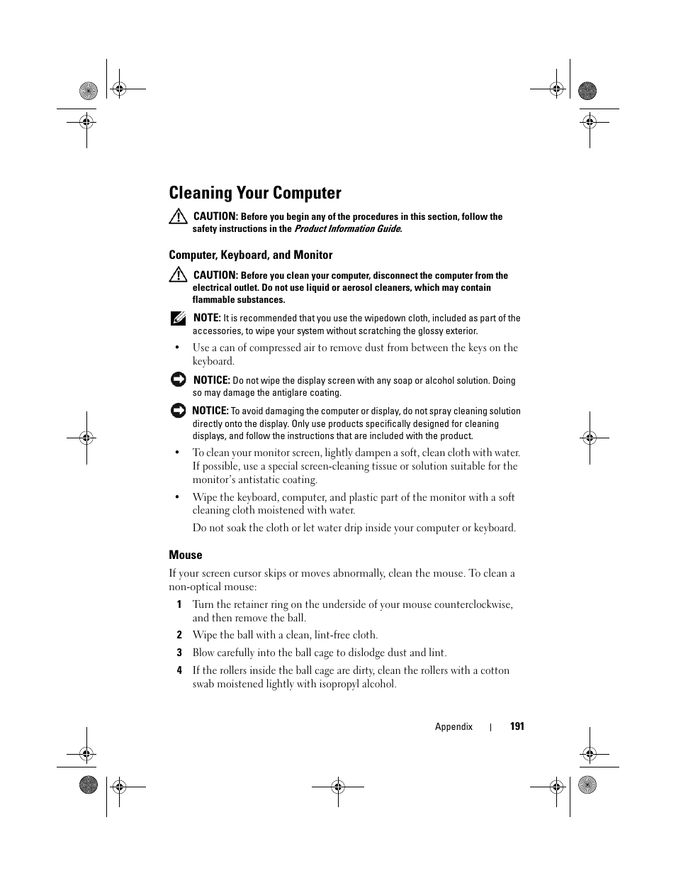 Cleaning your computer | Dell XPS 420 (Late 2007) User Manual | Page 191 / 226