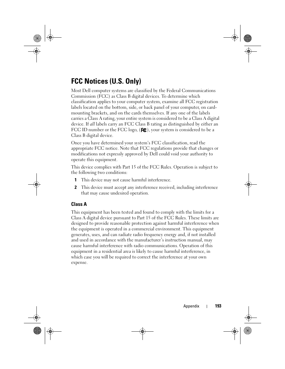 Fcc notices (u.s. only) | Dell XPS 420 (Late 2007) User Manual | Page 193 / 226