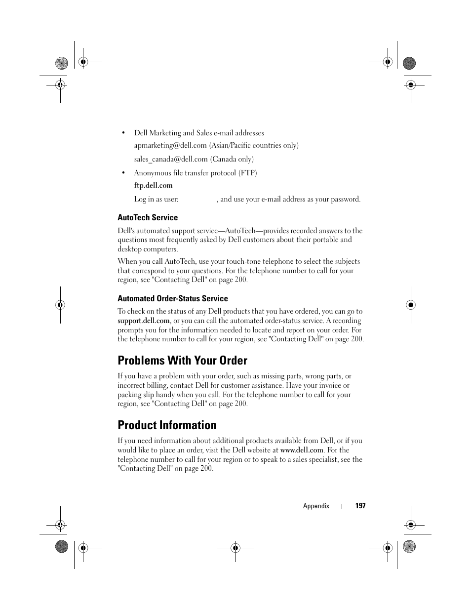 Problems with your order, Product information | Dell XPS 420 (Late 2007) User Manual | Page 197 / 226