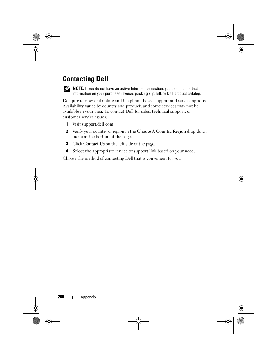 Contacting dell | Dell XPS 420 (Late 2007) User Manual | Page 200 / 226