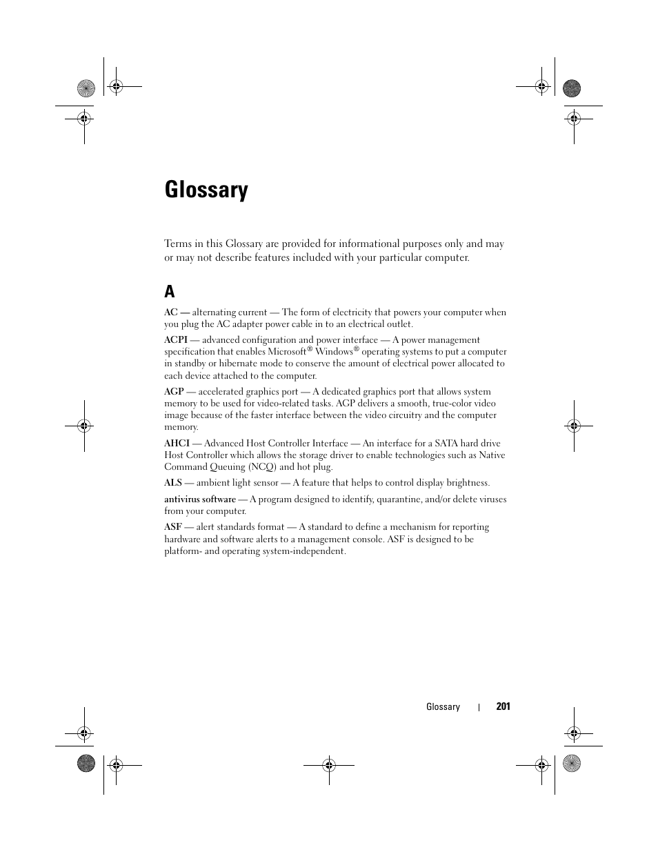 Glossary | Dell XPS 420 (Late 2007) User Manual | Page 201 / 226