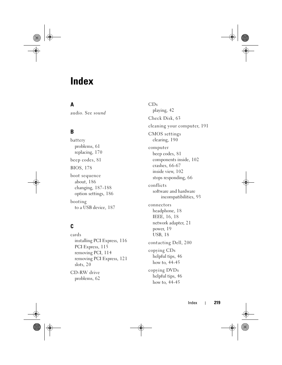 Index | Dell XPS 420 (Late 2007) User Manual | Page 219 / 226