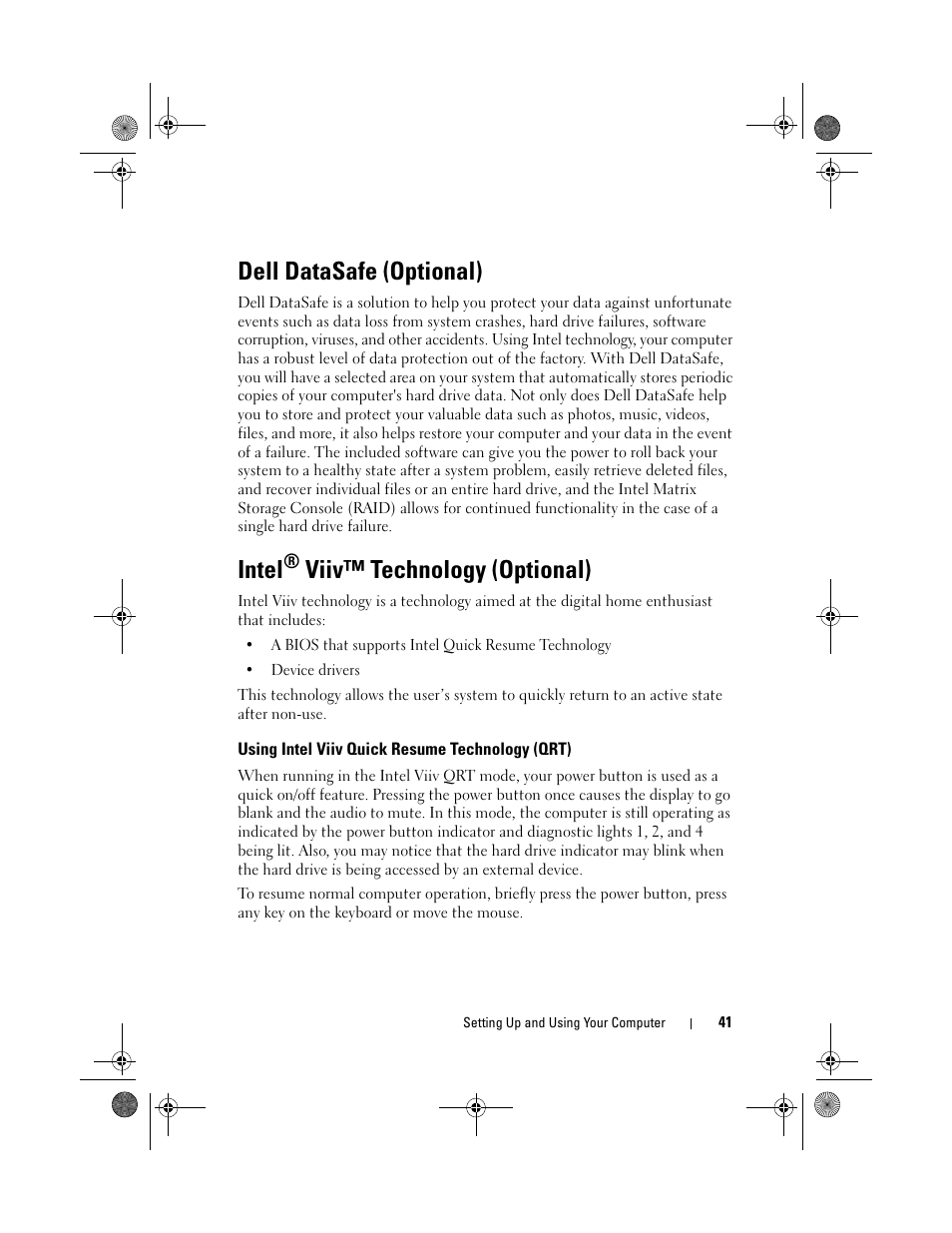 Dell datasafe (optional), Intel, Viiv™ technology (optional) | Dell XPS 420 (Late 2007) User Manual | Page 41 / 226