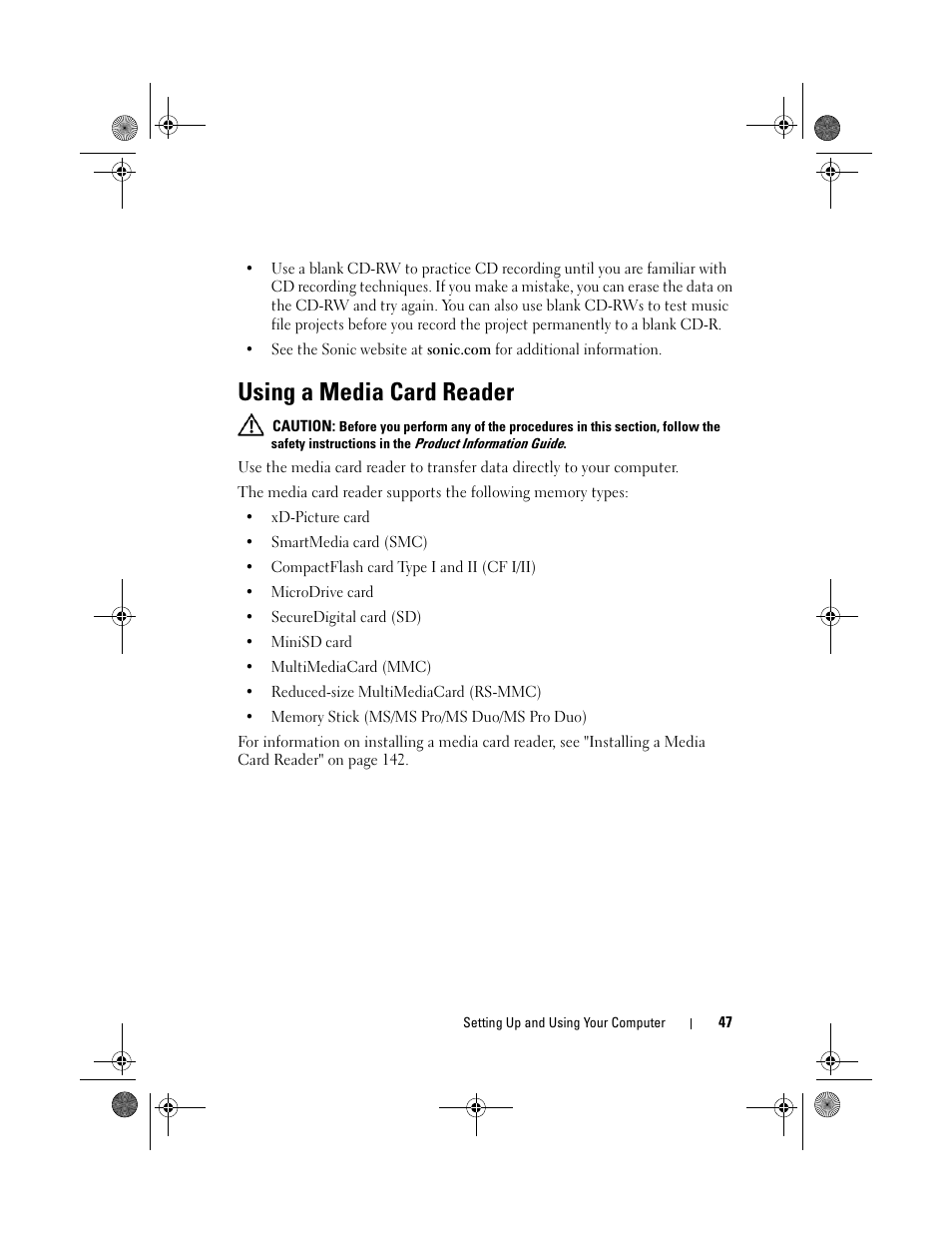 Using a media card reader | Dell XPS 420 (Late 2007) User Manual | Page 47 / 226