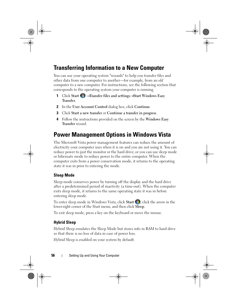 Transferring information to a new computer, Power management options in windows vista | Dell XPS 420 (Late 2007) User Manual | Page 56 / 226