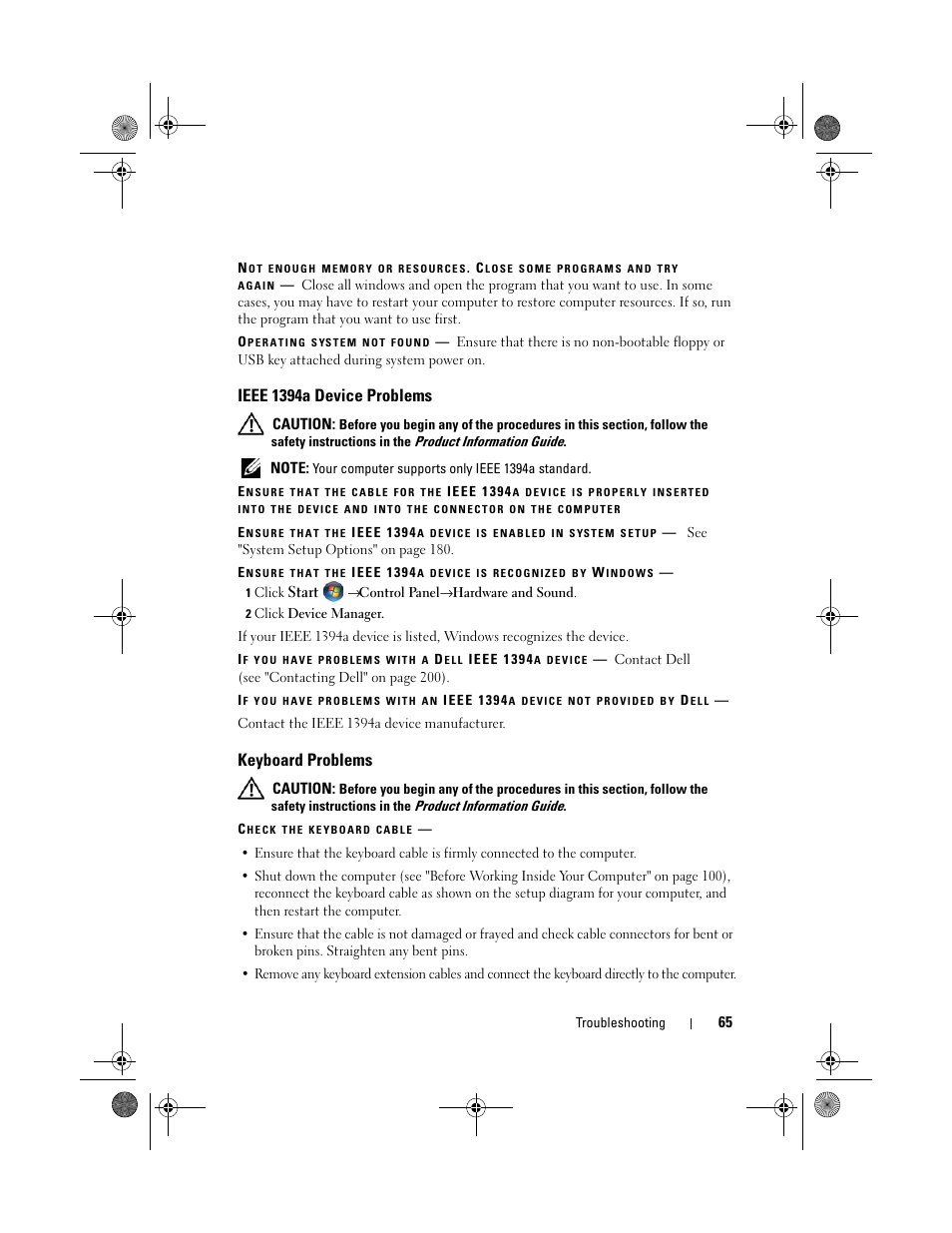 Ieee 1394a device problems, Keyboard problems | Dell XPS 420 (Late 2007) User Manual | Page 65 / 226