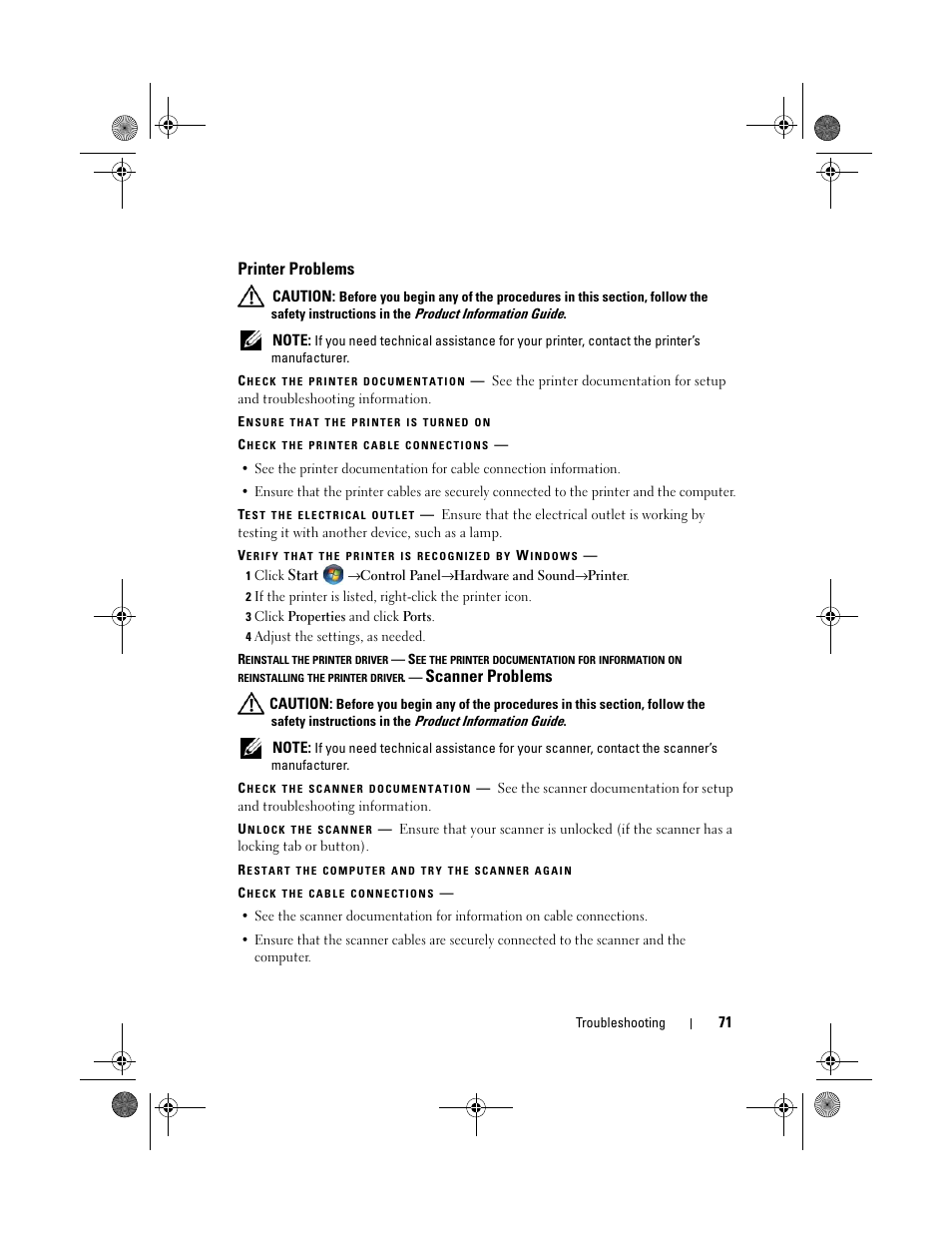 Printer problems, Scanner problems | Dell XPS 420 (Late 2007) User Manual | Page 71 / 226