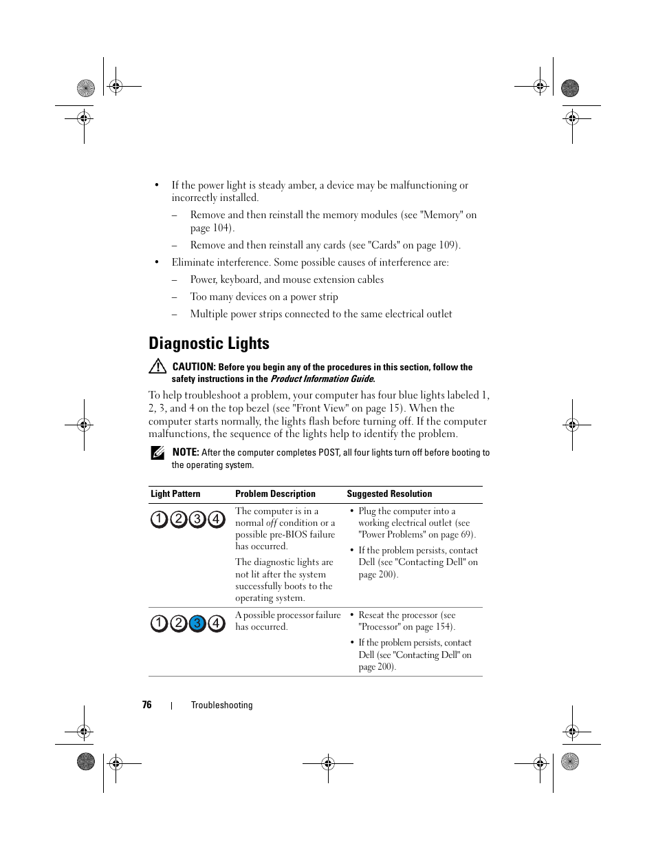 Diagnostic lights | Dell XPS 420 (Late 2007) User Manual | Page 76 / 226
