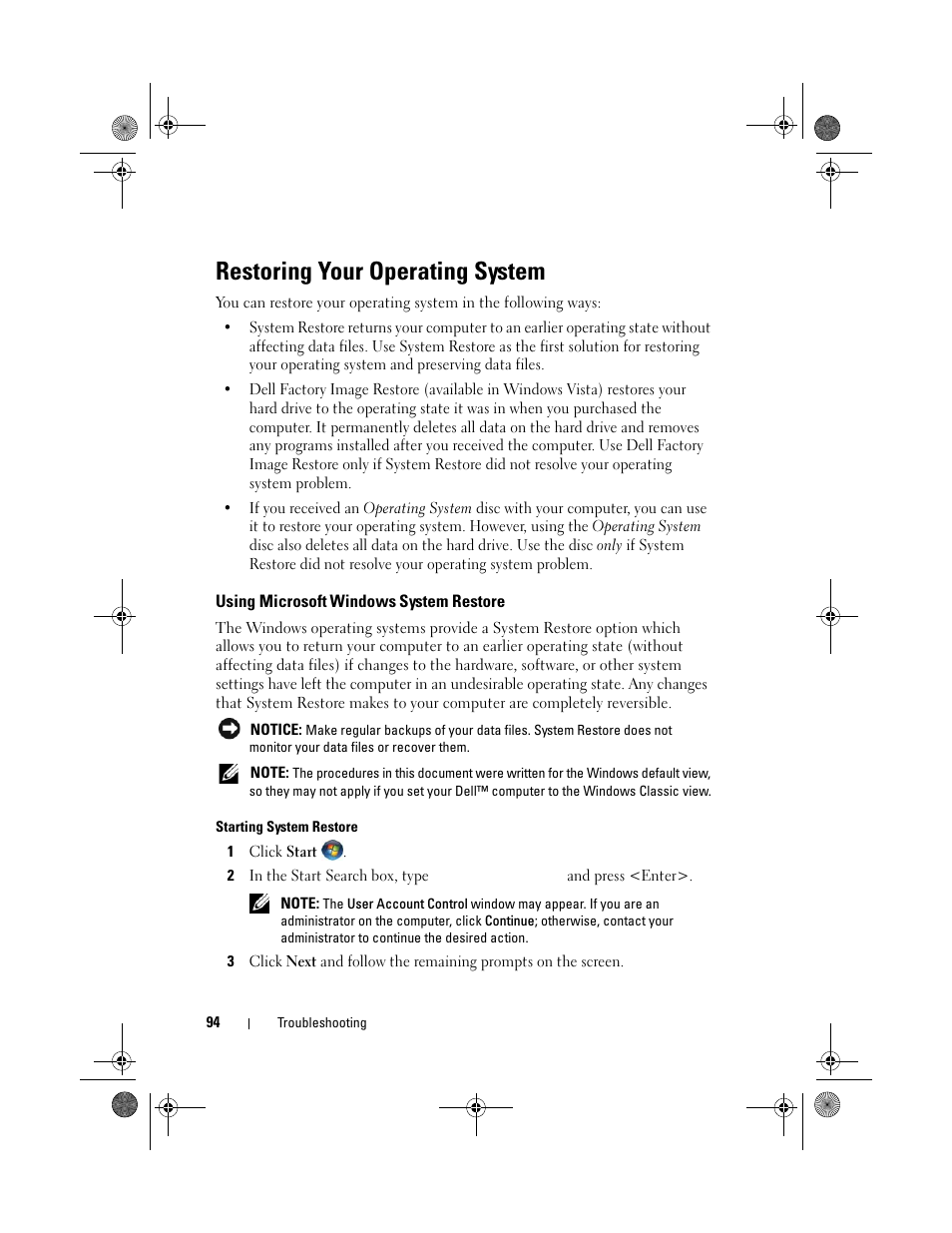 Restoring your operating system | Dell XPS 420 (Late 2007) User Manual | Page 94 / 226