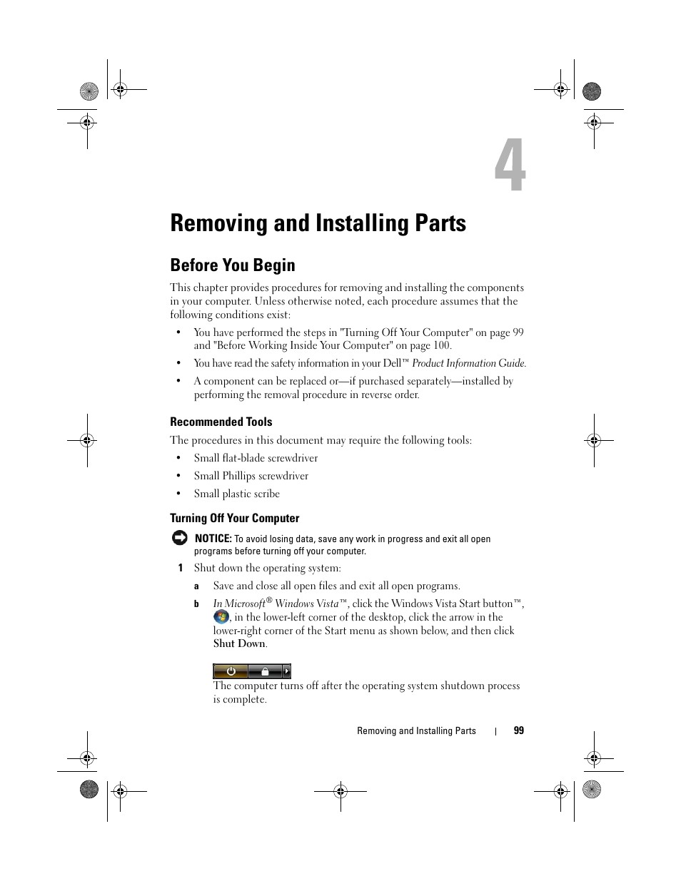 Removing and installing parts, Before you begin | Dell XPS 420 (Late 2007) User Manual | Page 99 / 226