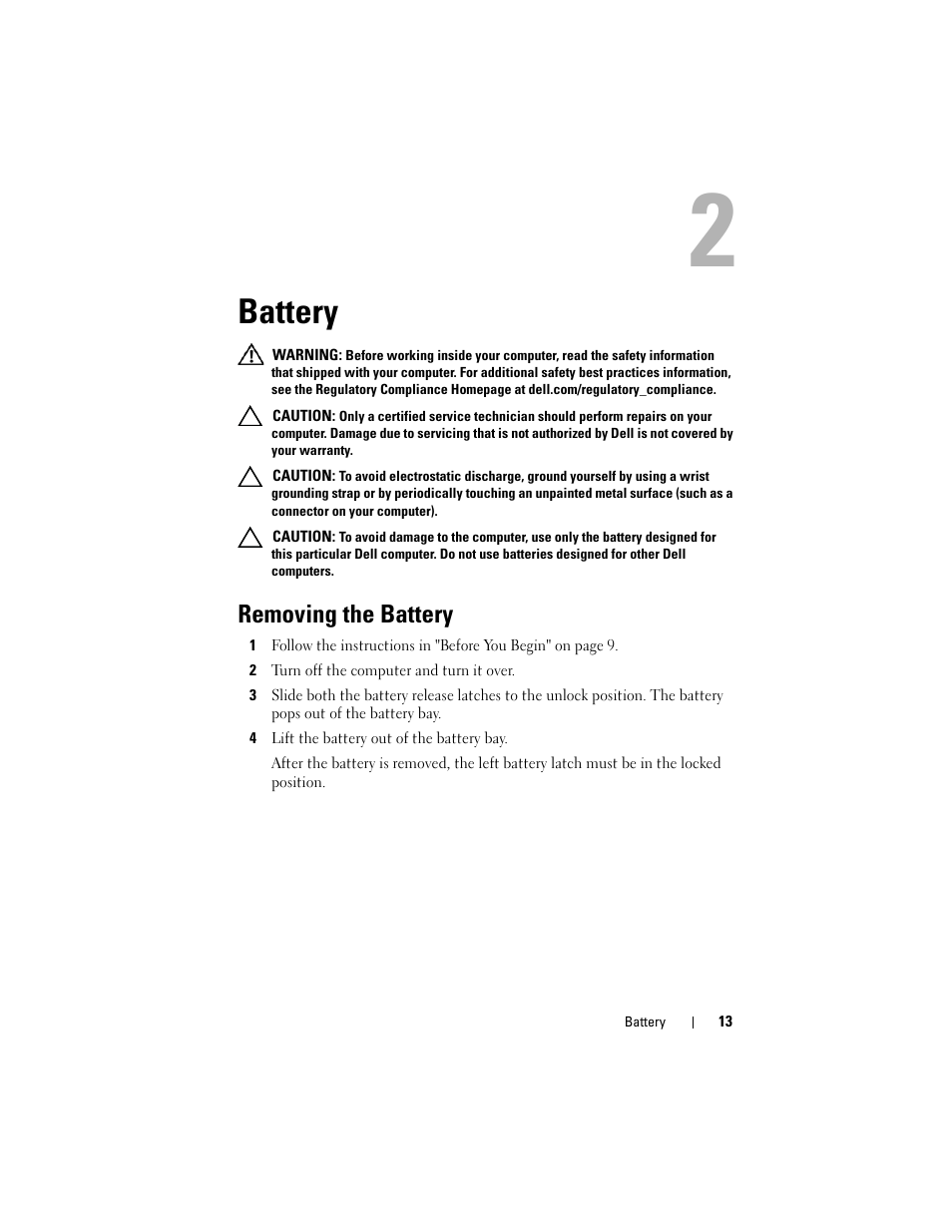 Battery, Removing the battery | Dell Inspiron 13z (N311z, Mid 2011) User Manual | Page 13 / 92