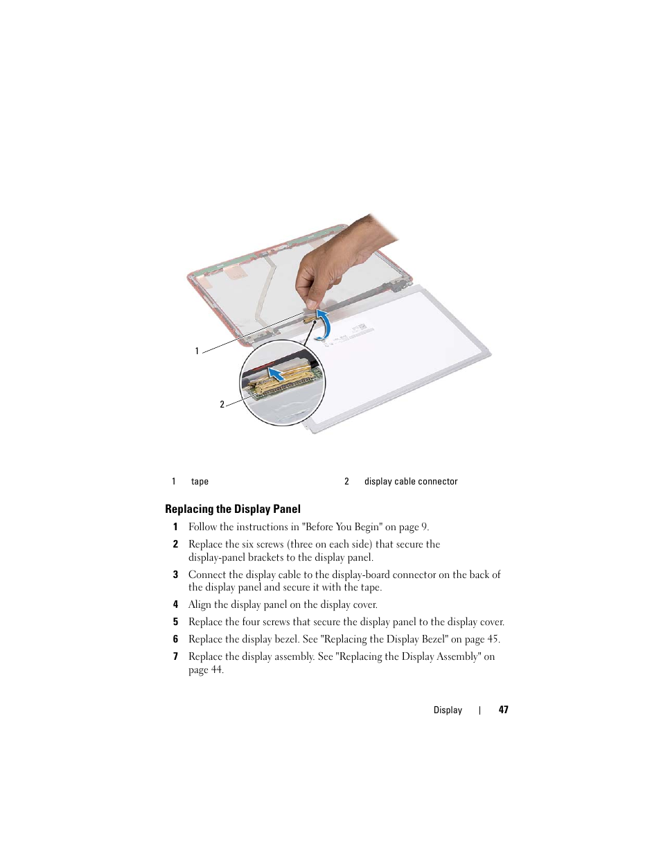 Replacing the display panel | Dell Inspiron 13z (N311z, Mid 2011) User Manual | Page 47 / 92