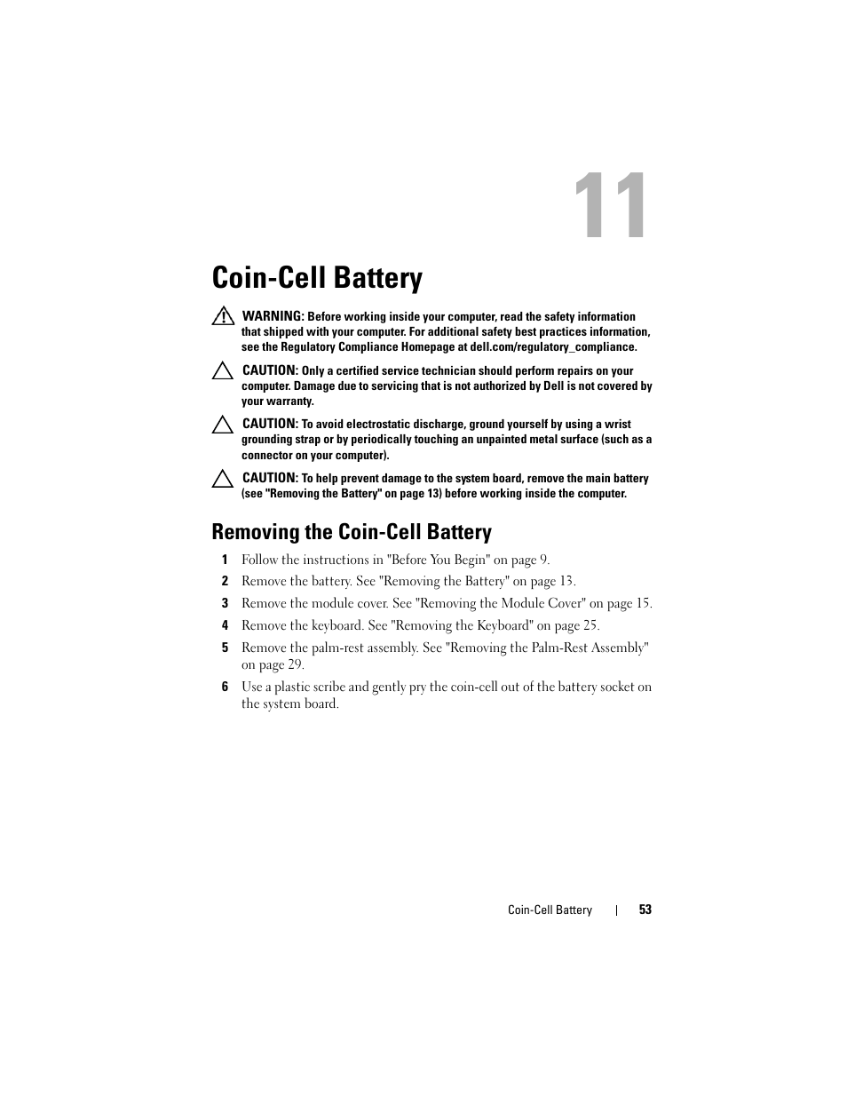 Coin-cell battery, Removing the coin-cell battery | Dell Inspiron 13z (N311z, Mid 2011) User Manual | Page 53 / 92