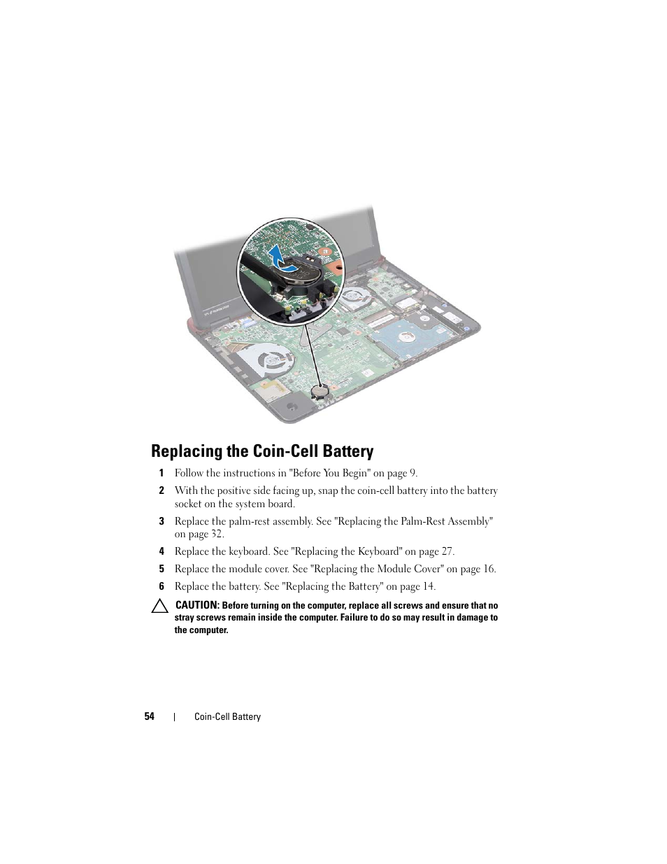 Replacing the coin-cell battery | Dell Inspiron 13z (N311z, Mid 2011) User Manual | Page 54 / 92