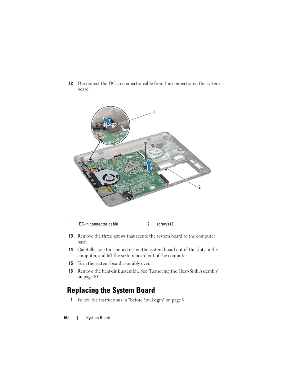 Replacing the system board | Dell Inspiron 13z (N311z, Mid 2011) User Manual | Page 60 / 92