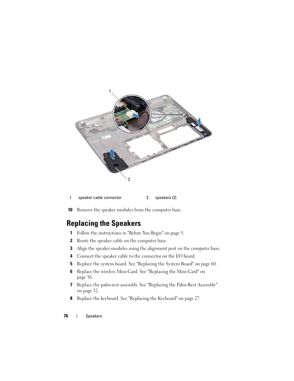 Replacing the speakers | Dell Inspiron 13z (N311z, Mid 2011) User Manual | Page 76 / 92