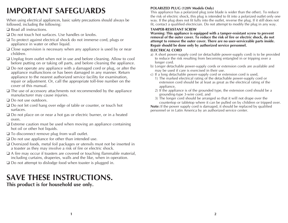 Important safeguards, Save these instructions | Black & Decker T2808 User Manual | Page 2 / 11