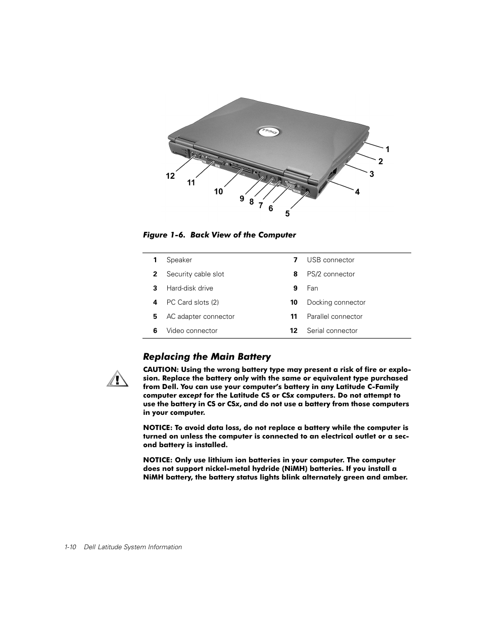 Replacing the main battery | Dell Latitude C500 User Manual | Page 13 / 71