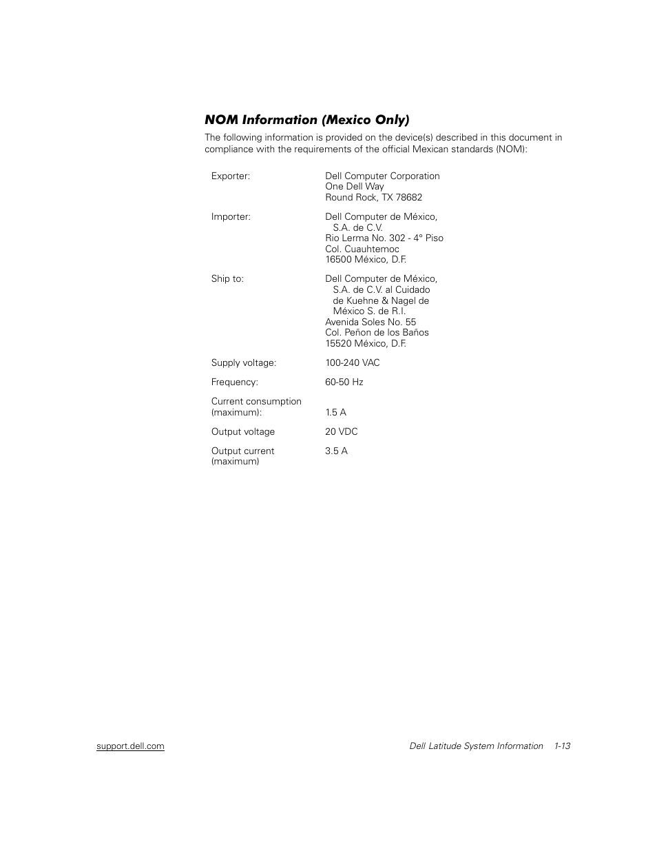 Nom information (mexico only) | Dell Latitude C500 User Manual | Page 16 / 71