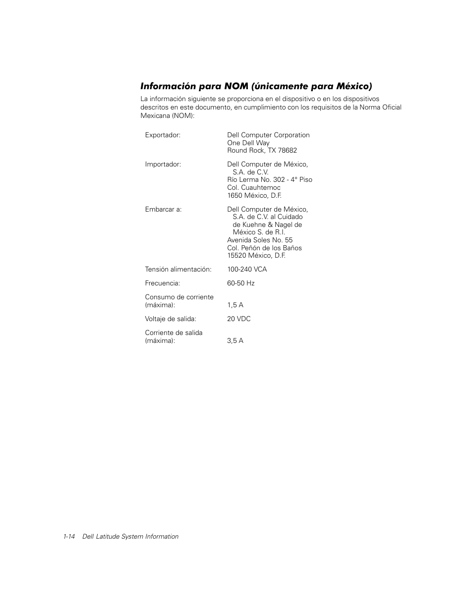 Información para nom (únicamente para méxico), Información para nom (únicamente para méxico) | Dell Latitude C500 User Manual | Page 17 / 71