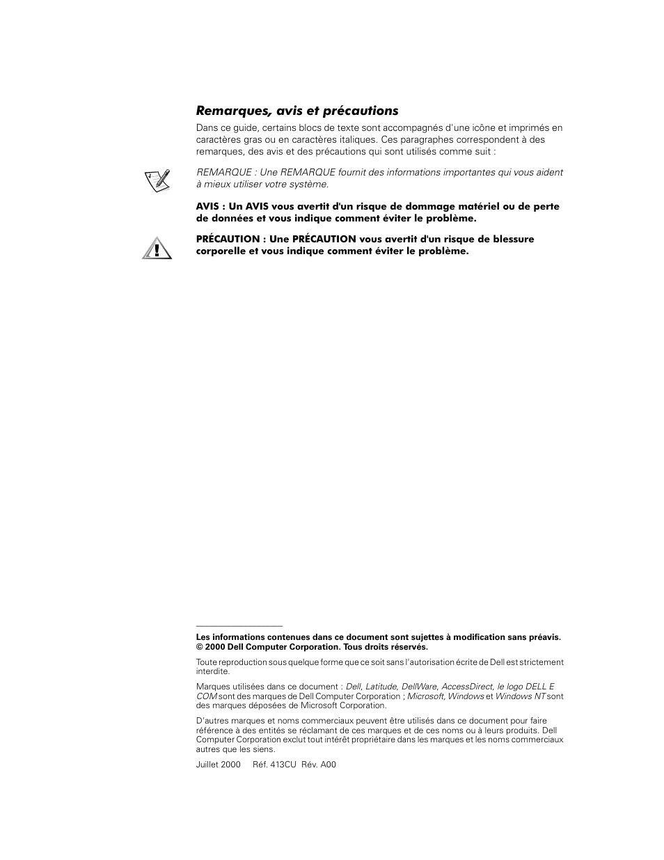 Remarques, avis et précautions | Dell Latitude C500 User Manual | Page 21 / 71