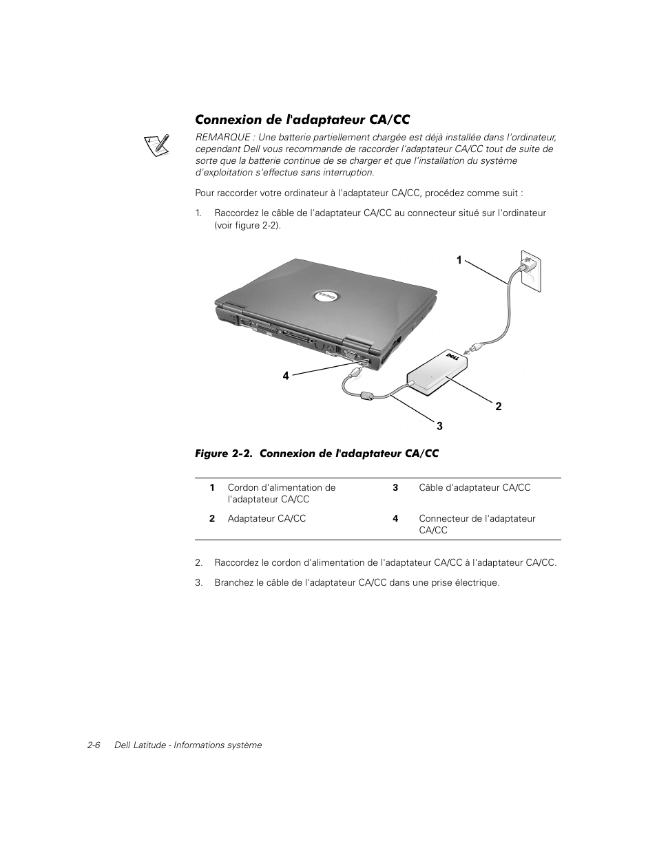 Connexion de l'adaptateur ca/cc | Dell Latitude C500 User Manual | Page 27 / 71