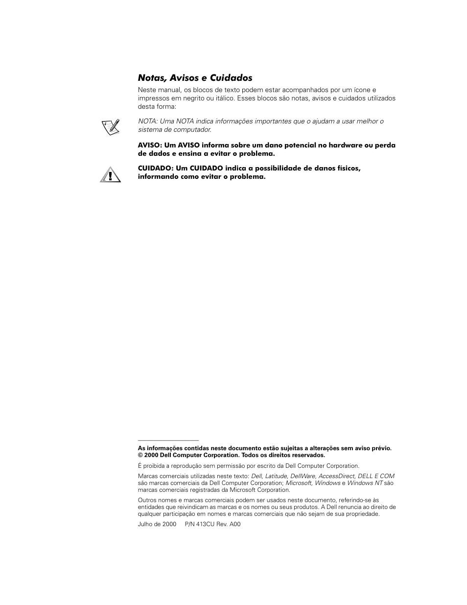 Notas, avisos e cuidados | Dell Latitude C500 User Manual | Page 39 / 71