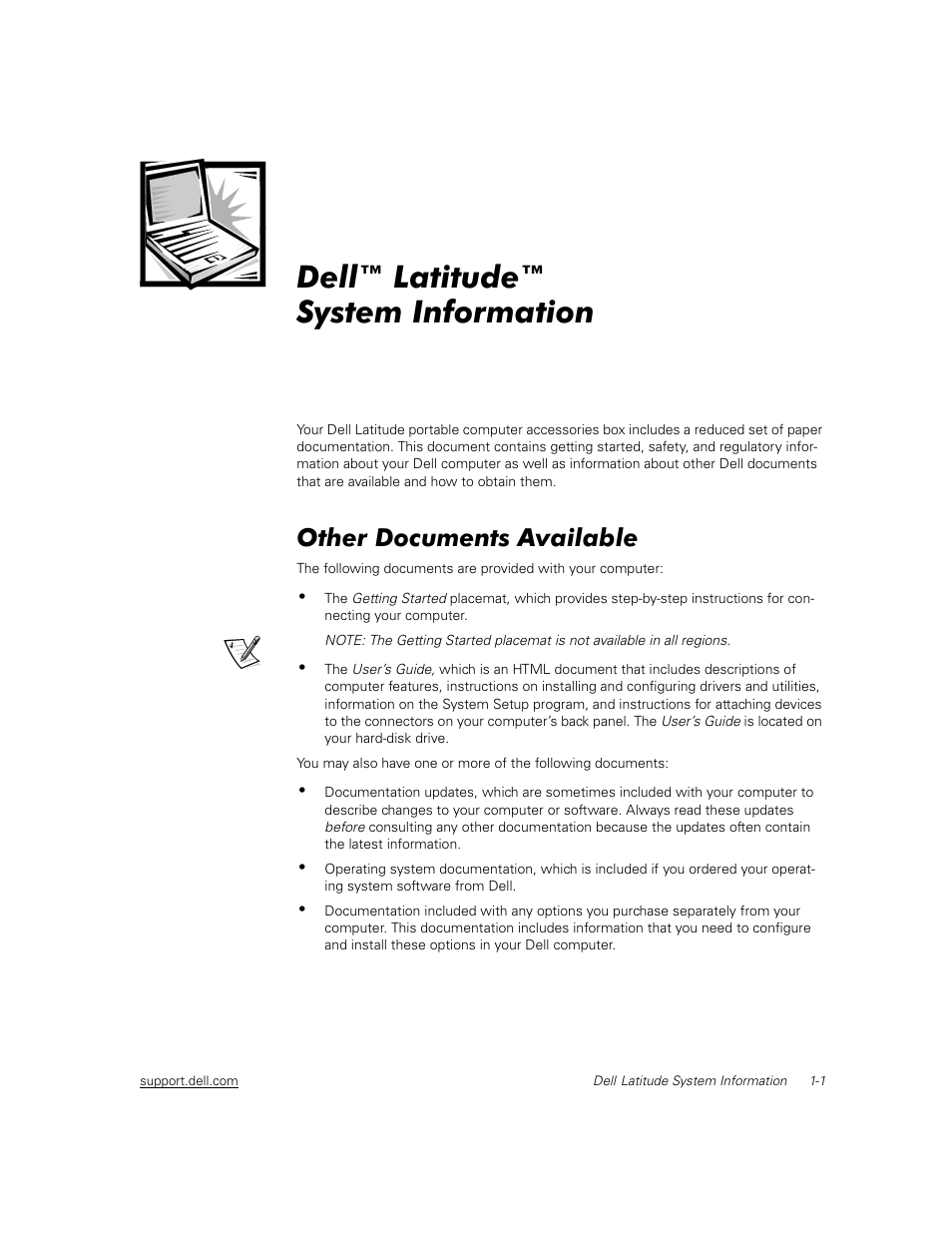 Dell™ latitude™ system information, Other documents available | Dell Latitude C500 User Manual | Page 4 / 71