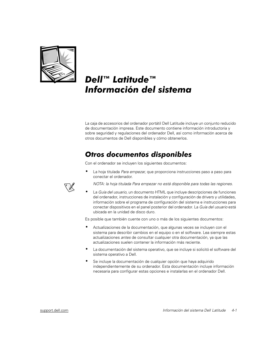 Dell™ latitude™ información del sistema, Otros documentos disponibles | Dell Latitude C500 User Manual | Page 58 / 71