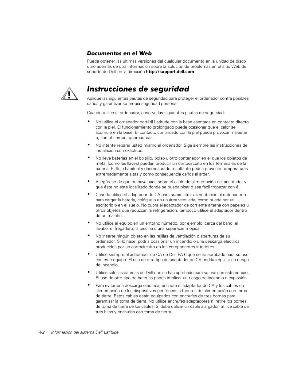 Documentos en el web, Instrucciones de seguridad | Dell Latitude C500 User Manual | Page 59 / 71