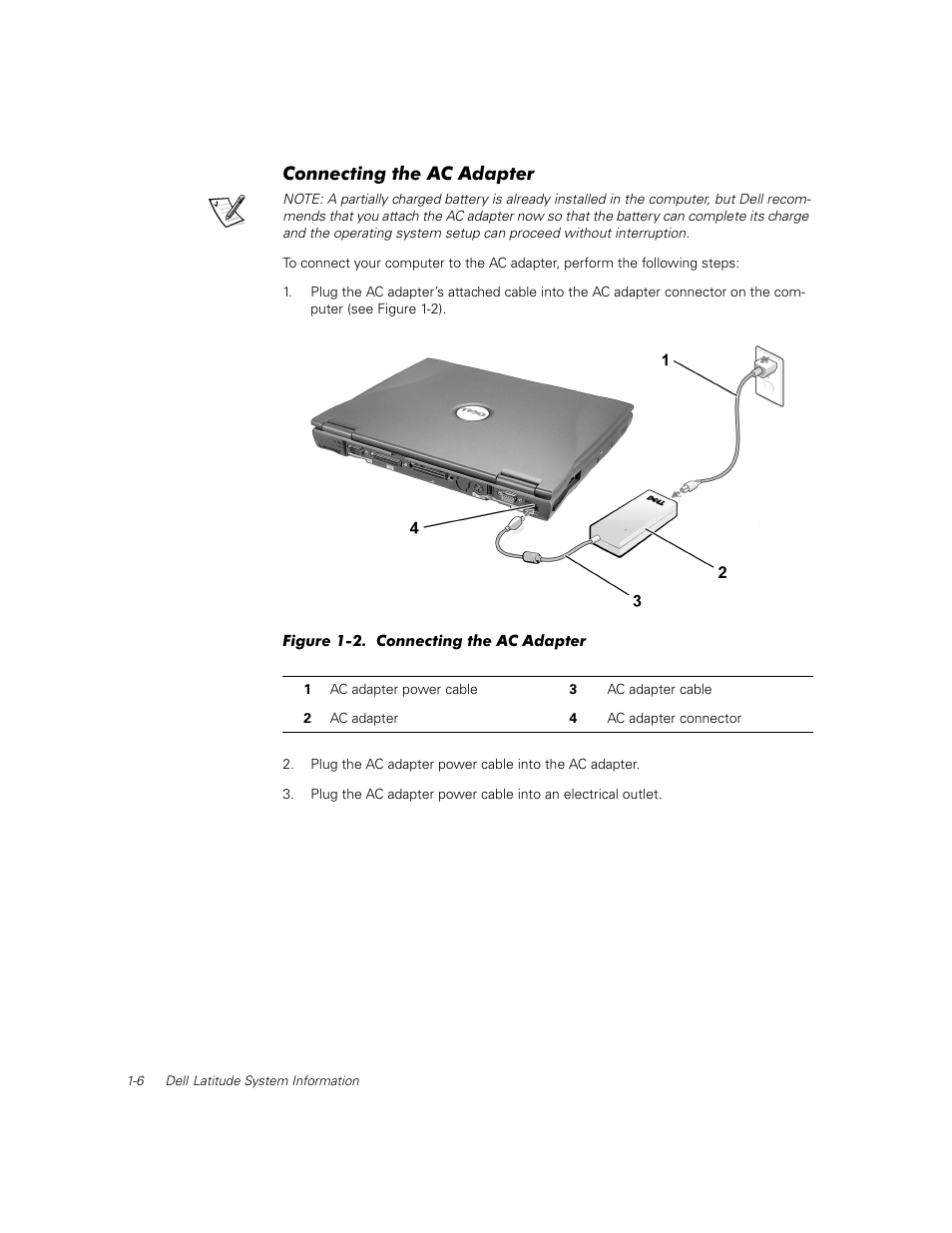 Connecting the ac adapter | Dell Latitude C500 User Manual | Page 9 / 71