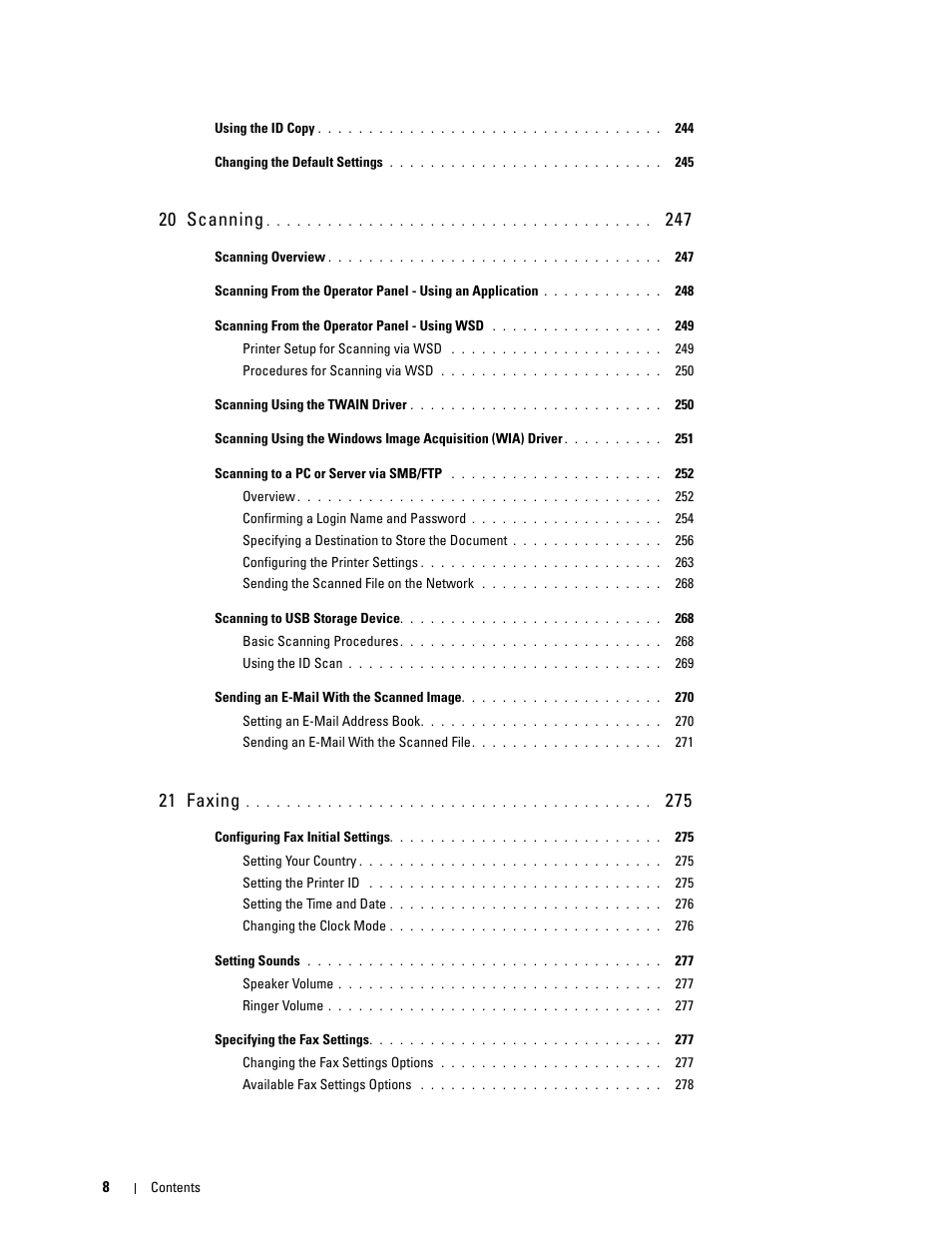 20 scanning, 21 faxing | Dell C1765NFW MFP Laser Printer User Manual | Page 10 / 382
