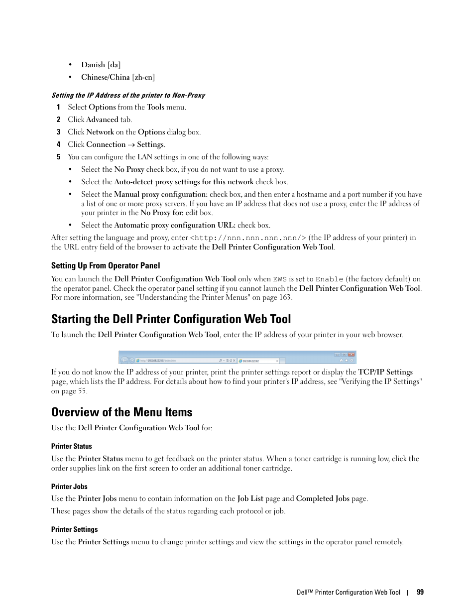 Setting up from operator panel, Starting the dell printer configuration web tool, Overview of the menu items | Dell C1765NFW MFP Laser Printer User Manual | Page 101 / 382