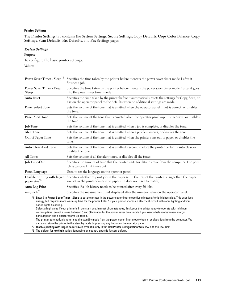 Printer settings, System settings | Dell C1765NFW MFP Laser Printer User Manual | Page 115 / 382