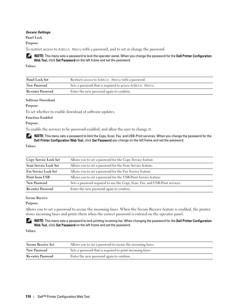 Secure settings | Dell C1765NFW MFP Laser Printer User Manual | Page 116 / 382