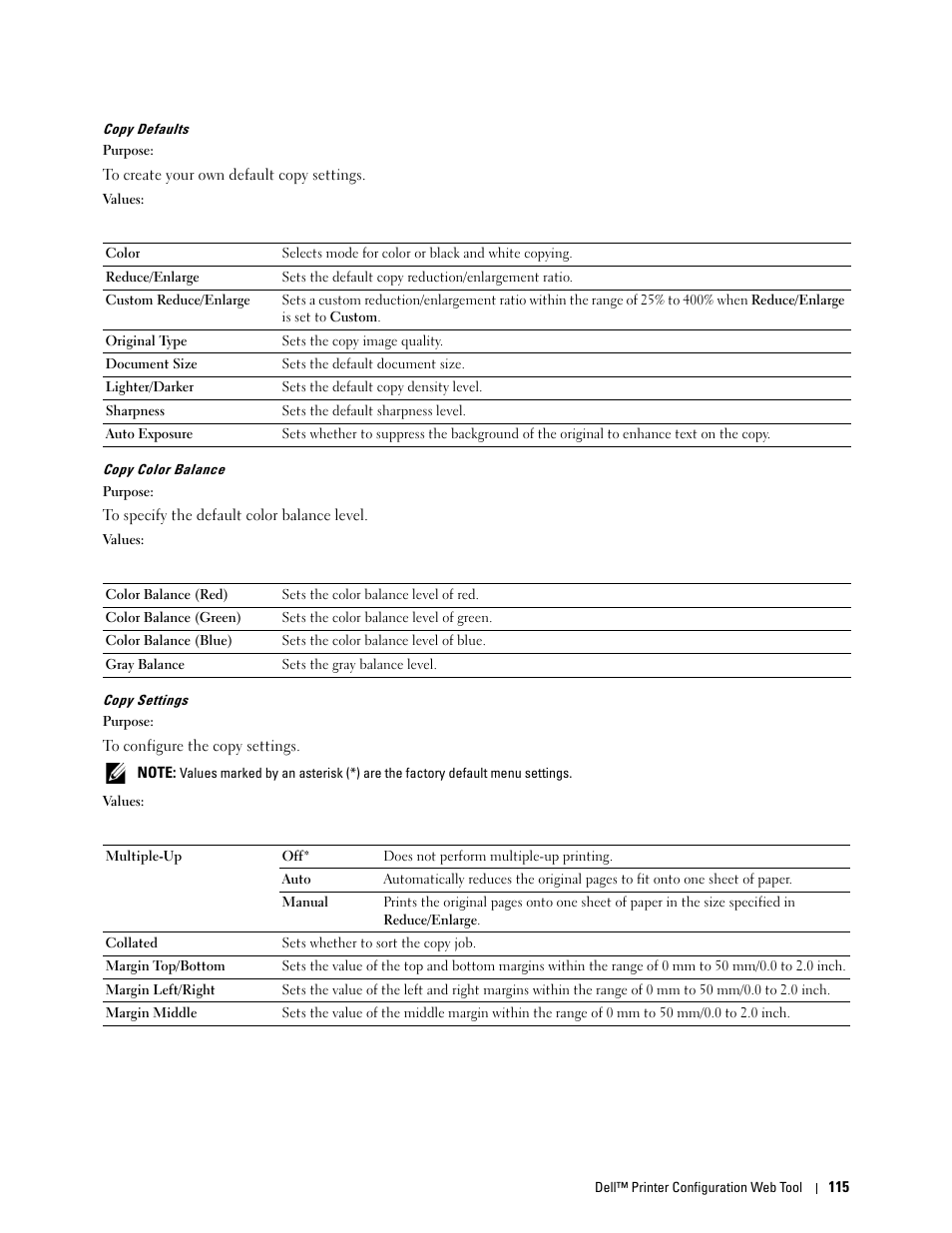 Copy defaults" "copy color balance" "copy settings | Dell C1765NFW MFP Laser Printer User Manual | Page 117 / 382