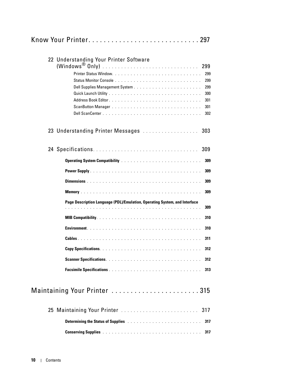 Know your printer, Maintaining your printer, 22 understanding your printer software (windows | Only), 23 understanding printer messages, 25 maintaining your printer | Dell C1765NFW MFP Laser Printer User Manual | Page 12 / 382