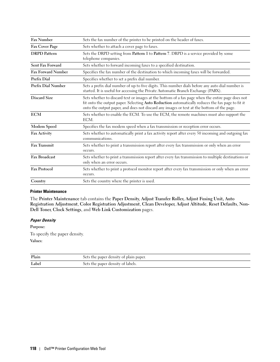 Printer maintenance, Paper density | Dell C1765NFW MFP Laser Printer User Manual | Page 120 / 382