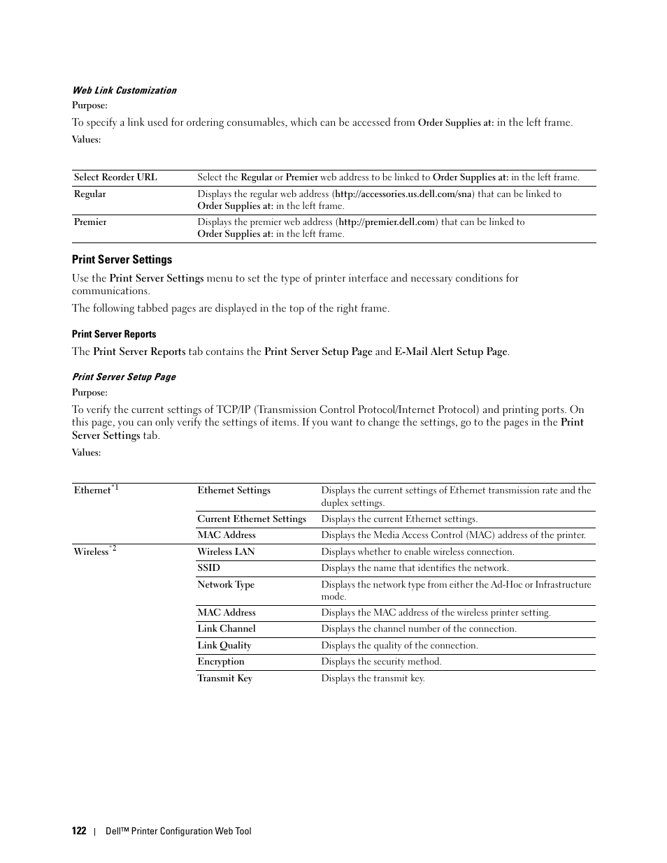 Print server settings, Web link customization, Print server reports | Dell C1765NFW MFP Laser Printer User Manual | Page 124 / 382